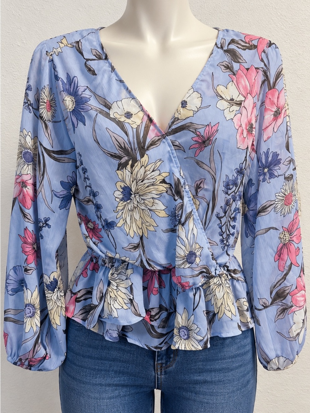 meraki Light Blue Floral Wrap Peplum Blouse